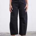 Mid Rise Barrel Jeans for Women Mid Waist Wide Leg Cropped Denim Pants Y2k Baggy Boyfriend Jeans with Pockets (Black)