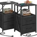 TUTOTAK End Table with Charging Station, Side Table with 2 USB Ports and Outlets, Nightstand with Cloth Drawer, Set of 2, Couch Table, Charcoal Grey TB01BY052