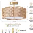 13.6" Boho Light Fixtures Flush Mount, 3-Light Rattan Ceiling Light Fixtures Flush Mount Gold for Bedroom, Flower-Shaped Close to Ceiling Light Fixture for Hallway Kitchen Dining Room(Yellow)