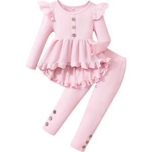 Kid Toddler Girl Clothes Solid Color Ruffle Sleeve Top Floral Pants 2PC Fall Winter Girls Outfits Clothing Set 2-6Y (Pink)