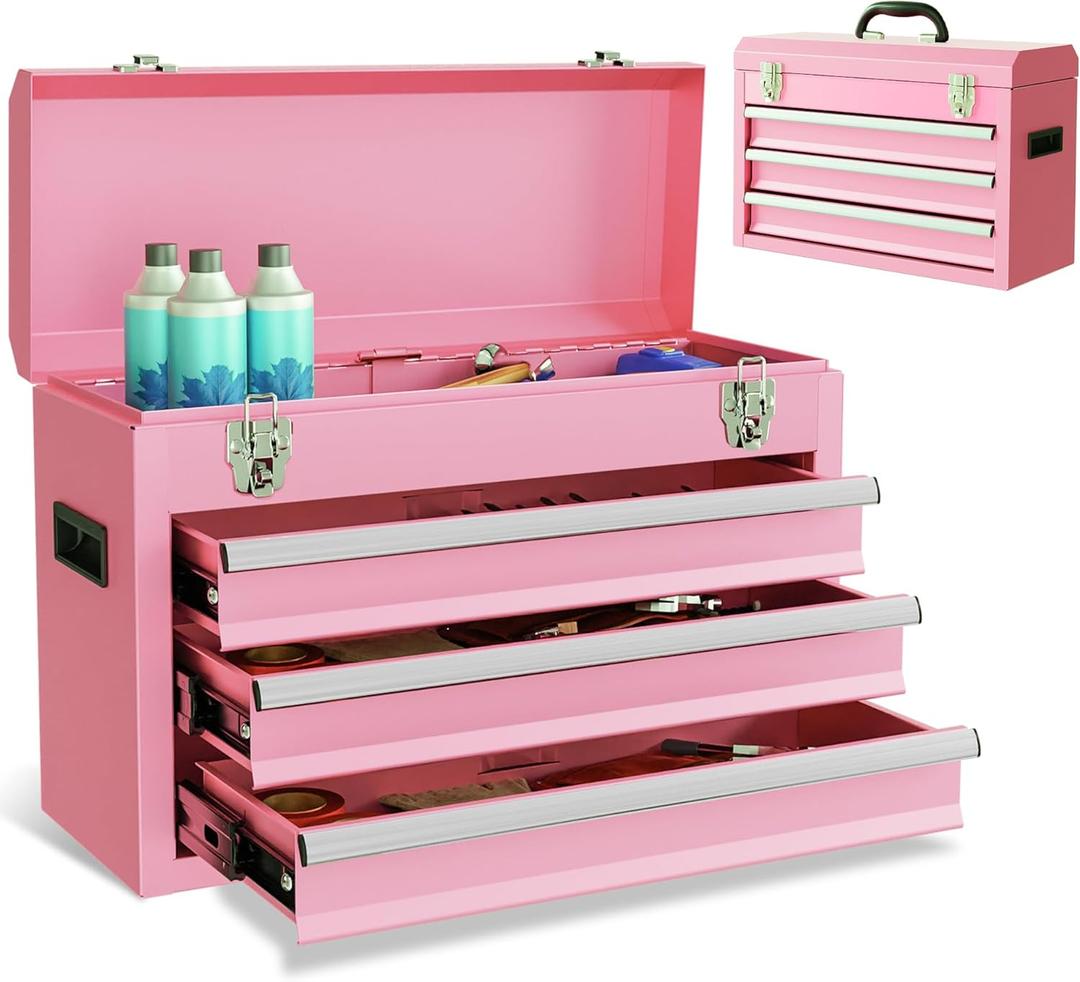 Portable Metal Tool Box, 3 Drawers Lockable Heavy Duty Tool Chest Storage Toolbox with Ball-Bearing Slides and 2 Metal Latches Closure for Garage, Workshop, Repair Shop (Pink)