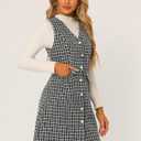 Allegra K Women's Pinafore Dress V Neck Button Down Pockets Vintage Sleeveless Plaid Tweed Dress (Black)