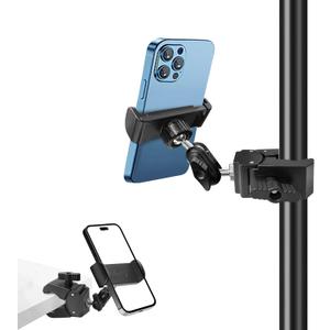 Phone Holder for Mic Stand, Treadmill, Spin Bike, Stroller, Adjustable Clamp on Phone Holder for Microphone Stand, Desk Pipe Pole Clamp Phone Mount Stands for iPhone Samsung All Smartphones (Standard)