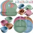 Yinder 32 Pack Silicone Baby Feeding Set Baby LED Weaning Supplies Includes Suction Divided Plates Soft Bowl Spoons Forks Adjustable Bib Snack Cup with Lid and Straws(Bright Color)