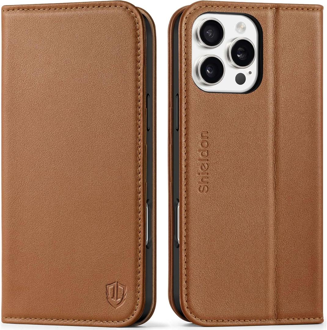 SHIELDON Wallet Case for iPhone 16 Pro Max 6.9", Genuine Leather Folio Magnetic Kickstand RFID Blocking Credit Card Holder Protection Cover Compatible with iPhone 16 Pro Max - Nappa Saddle Brown