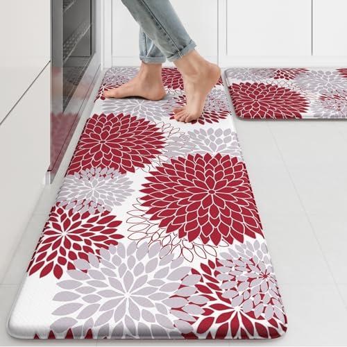 Anti Fatigue Kitchen Mats for Floor 2PCS,17"x47"+17"x29" Farmhouse Dahlia Kitchen Rugs Non Slip Rubber Backing,Waterproof Cushioned Standing Mat for Office,Laundry,Sink,Desk,Red