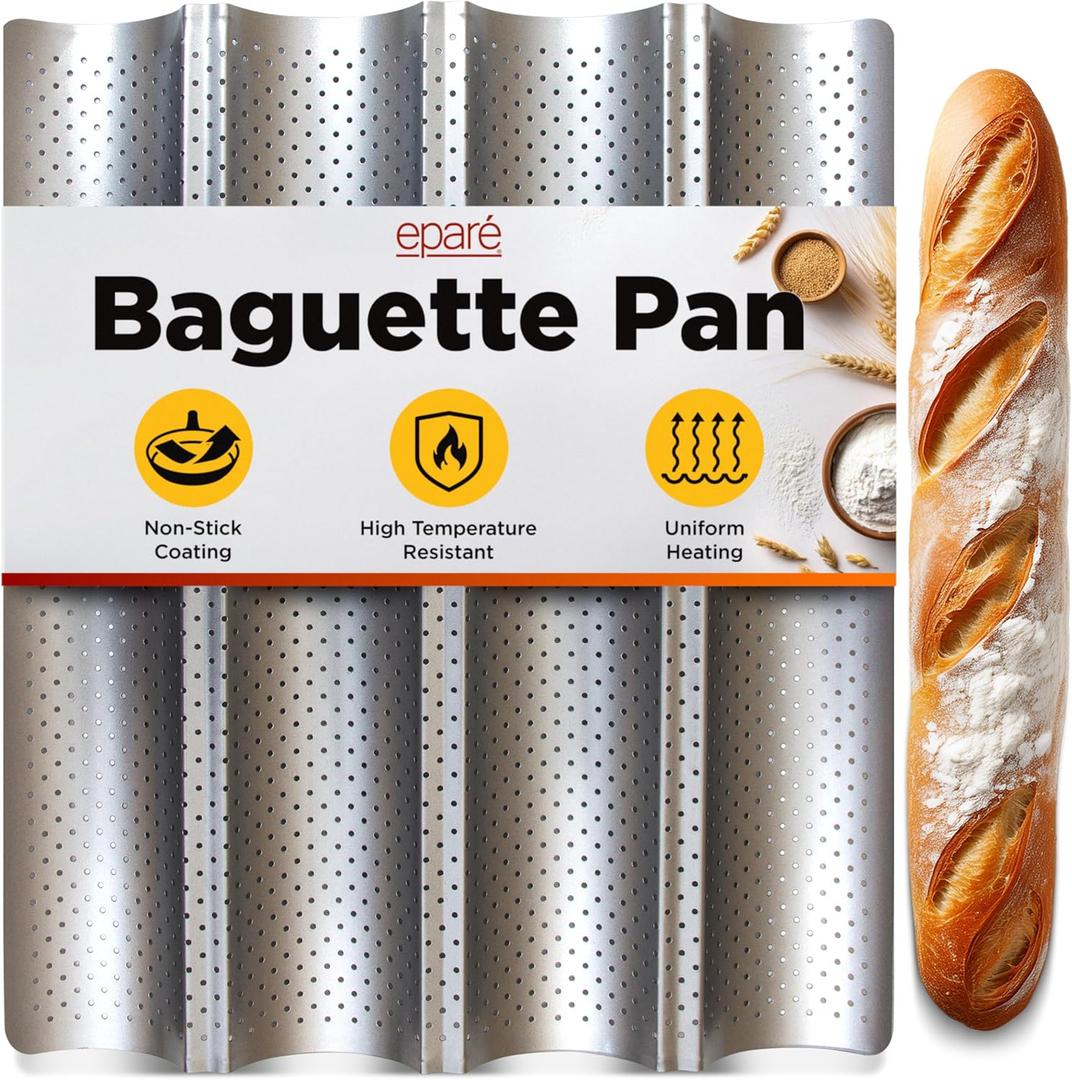 Epar French Baguette Bread Pan for Baking - 15" x 13" Non Stick French Bread Baking Pan - Perforated Long Italian Bread Pan - Baquette Baking Pan Tool - US Company (4 Slots)