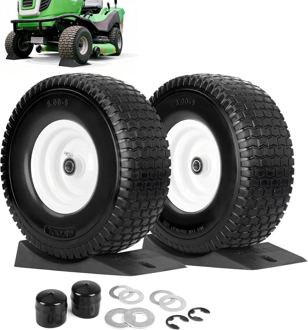 15x6.00-6 Flat Free Lawn Mower Tire and Wheel, Comes with Tire Saver Ramp, 15x6-6nhs Riding Mowers Lawn Tire and Wheel with 3/4" Bearing, 3" Centered Hub, 2 Pack