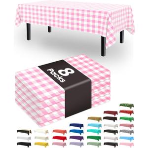 Pureegg Plastic Table Cloth Disposable 8 Pack, 54 x 108 Inch Table Cloths, Party, Picnic, Decorative Gingham Tablecloths, Rectangle, Pink and White Checkered Cover, Leakproof & Sturdy, Pink Plaid