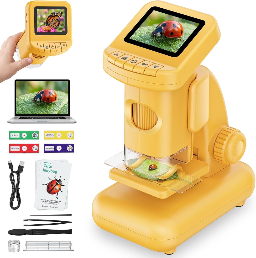 1200X Microscope for Kids, 2 in 1 Handheld & Desktop Digital Microscope with 9 Slides Science Kit, Portable Microscope HD Screen Video Record, STEM Educational Toys Gifts for Ages 3-12 Boys Girls