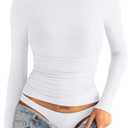 Womens Double Lined Long Sleeve Shirts Crewneck Ruched Top Tight Fitted Basic Tee Fall Spring Shirts 2025 (Small)