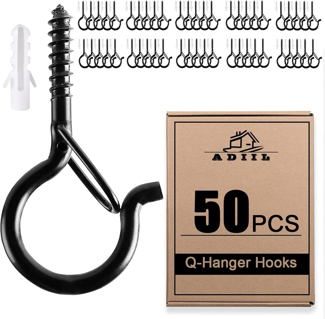 ADIIL 50 PCS Q Hanger Hooks with Safety Buckle, Windproof Screw Hooks for Hanging Outdoor String Lights, Plants, Christmas Patio Lights, 2.2 Inches, Black