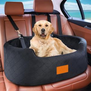 Dog Car Seat for Medium Dogs Up to 50 lbs, Pet Booster Seat for Cars SUVs and Trucks, Travel Dog Bed with Safety Strap, Thick Cushion, Non-Slip Base, Washable and Portable (Black)