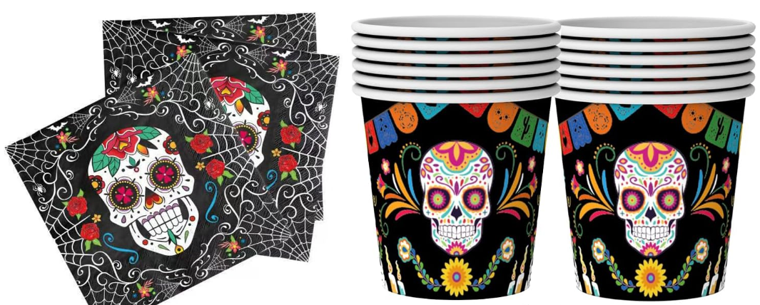 Day Of The Dead, cups napkins, garland, table cloths