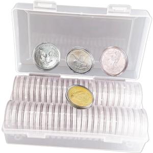 XYZsundy 40.6mm Silver Dollar Coin Holder, Silver Eagles Coin Capsules for Collectors with Clear Plastic Storage Organizer Box for Coin Collection Supplies (50)
