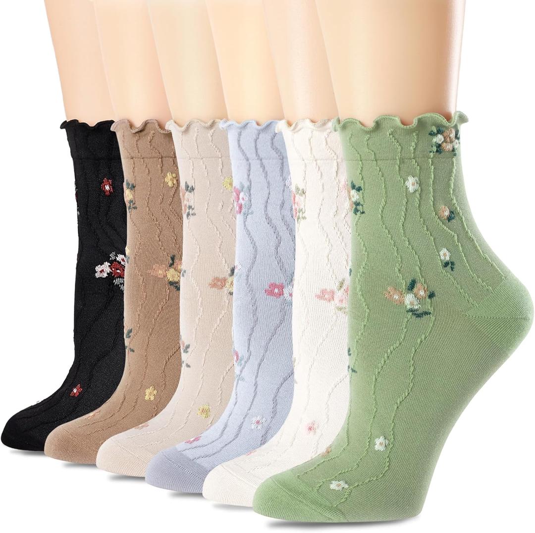 Womens Ruffle Crew Socks Vintage Patterned Ankle Casual Fashion Dress Sock Cute Lettuce Floral Socks 5/6 Pack (9-11, 6pairs(black,green,brown,oatmeal,grey,cream White))