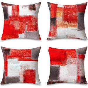 Red and Grey Abstract Art Throw Pillow Covers 4 Packs, 18x18 Inch Gallery Modern Decorative Pillow Cases, Soft Cushion Covers for Sofa Couch Bedroom Living Room Farmhouse Office, Home Decor Red Gray