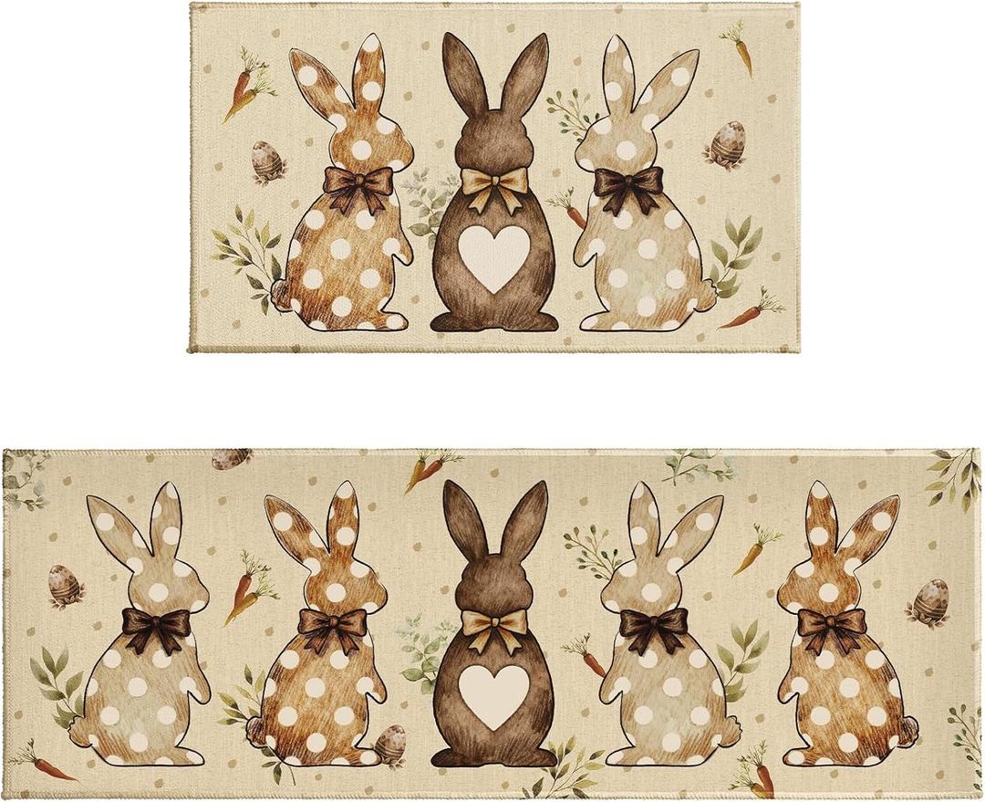 Brown Easter Kitchen Mats for Floor Set of 2 Spring Cute Bunny Rabbit Holiday Theme Kitchen Rugs Non Slip Washable Absorbent Kitchen Runner Rugs Decor,17x30 and 17x47 Inch