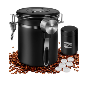 Coffee Canister, MOICO Stainless Steel Coffee Containers with One Way Co2 Valve, Scoop and Travel Jar, Airtight Coffee Storage Container for Ground Coffee, Tea, Sugar, 16oz+0.65oz (Black)