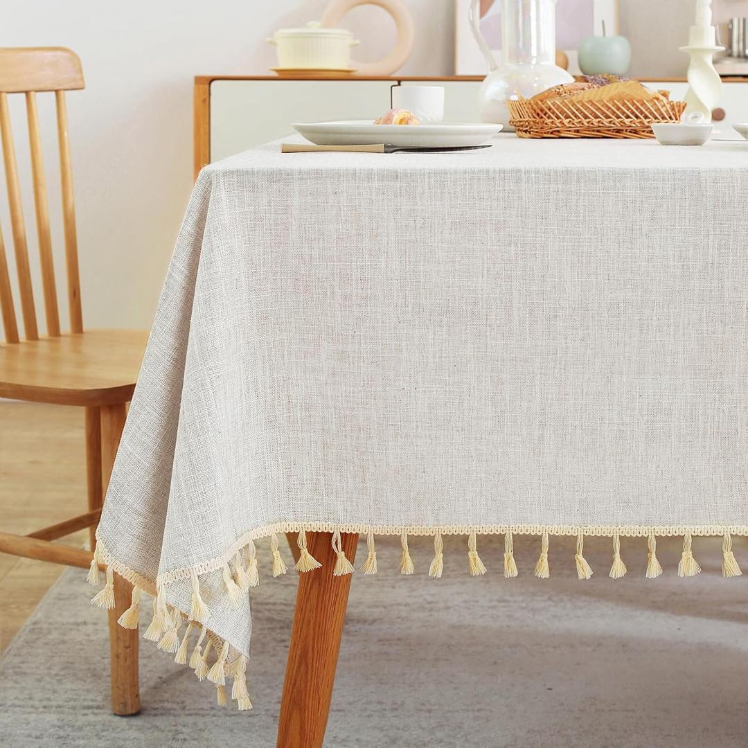 Textured Table cloth for Rectangle table, Heavy Duty Farmhouse Tablecloth Solid Cotton Linen Waterproof Wrinkle Free Burlap Tables Cover for Kitchen Dining, Party, Ivory 55''x120'', 10-12 Seats