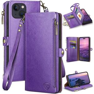 XcaseBar for iPhone 15 6.1" Wallet case with Zipper Credit Card Holder RFID Blocking,Flip Folio Book PU Leather Shockproof Strap Protective Cover Women Men for Apple 15 Phone case Purple