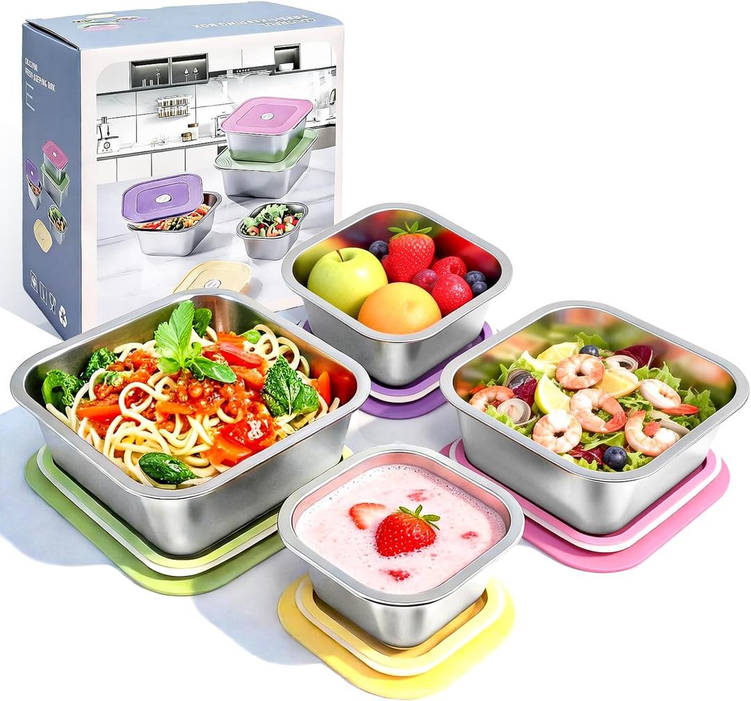 4Pack Stainless Steel Container with Lids Set, (13.5, 24, 34, 47oz) Nesting Design Lunch Boxes, Toddler Snack Containers, Leakproof Lunch Containers