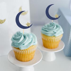 12pcs Moon and Star Cupcake Toppers - Over the Moon Cupcake Toppers, Twinkle Twinkle Little Star CupcakeToppers, Outer Space Theme Party Decorations