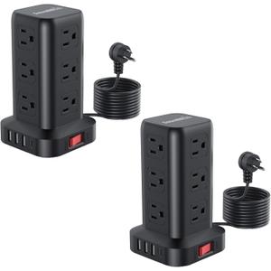 Extension Cord with Multiple Outlets, SMALLRT 2 Pcs Surge Protector Power Strip Tower, Outlet Extender with 12 AC Outlets 4 USB, 6.5FT Extension Cord for Home Office Dorm Room, Overload Protection