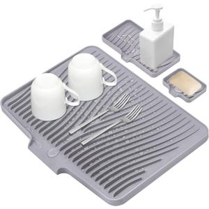 Silicone Dish Drying Mat for Kitchen Counter, Dish Drying Pad, Non-Slip Drain Pad with Built-in Drain, Heat Resistant Stone Drying Mat, 1 set XL(Grey)