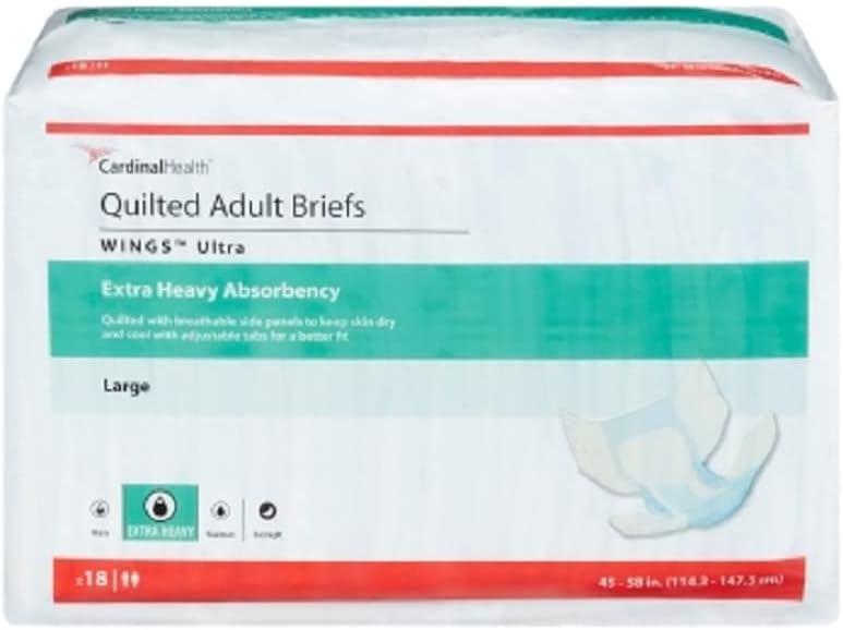 Cardinal Health Wings Ultra Adult Incontinence Briefs, Size Large (45–58 Inch Waist/Hip), Extra Heavy Absorbency, Quilted, Cloth-Like Backing, Unisex Disposable Adult Diapers – 72 Count (Black, L)