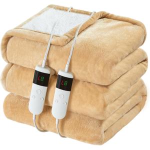 Electric Heated Blanket Queen Size 84''x90'' Soft Flannel & Sherpa Electric Blanket with 10 Heating Levels, Automatically Shut Down After 8h with Overheat Protection Machine Washable (Khaki)