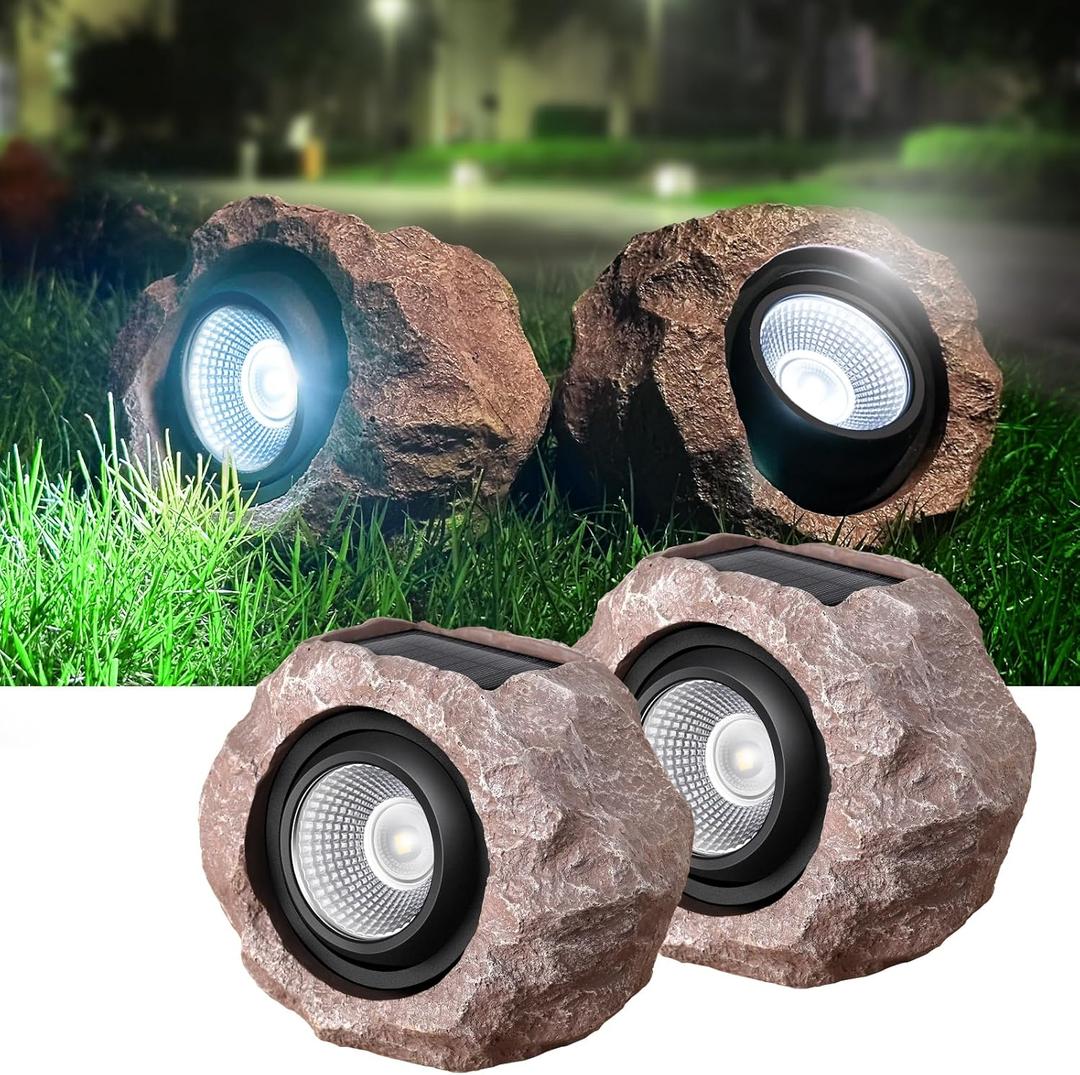 2 Pack Solar Rock Lights Outdoor, Angle Adjustable Solar Lights Outdoor Waterproof, LED Solar Garden Lights, Auto On/Off Landscape Lighting for Yard Pathway Patio Flower Bed - White Glow (Stone Brown)