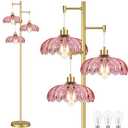 QIYIZM Pink Floor Lamp for Living Room,Bedroom,Gold Mid Century Modern Standing Lamp Brass Tree 3 Light Tall Floor Lamps Vintage Retro Floor Lights Glass Flower Lamp Shade Farmhouse Boho Bohemian