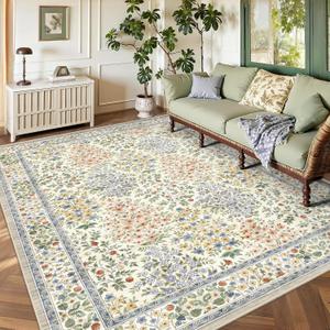 6x9 Area Rugs, Washable Floral Area Rugs for Living Room, Indoor Area Rug for Bedroom, Dining Room, Low Pile Non-Slip Non Shedding Rug(Beige Floral)