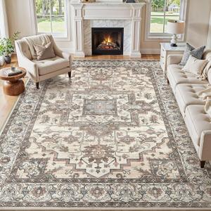8x10 Area Rugs Living Room: Washable Vintage Rug Large Non-Slip Stain Resistant Ultra Soft Low Pile Pet Kids Friendly Carpets for Bedroom Dining Room Nursery Home Office Decor - Light Brown