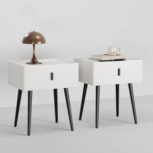 Nightstand Set of 2 with Single Drawer,Leather Side Table,Modern Bedside Table with Metal Legs for Bedroom,Small Accent End Table,White
