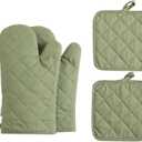 Oven Mitts and Pot Holders 4 pcs Set,High Heat Resistant 500 Degree Extra Thicken Long Kitchen Cotton Oven Glove for Cooking (12 Inch,Green)