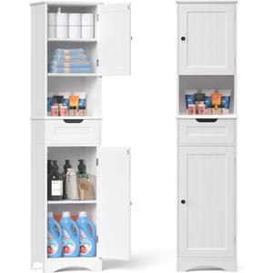Gizoon 67" H Tall Bathroom Cabinet, Storage Cabinet with 2 Doors & Drawer, Narrow Linen Tower Freestanding Adjustable Shelves for Home, Kitchen, Versatile, Anti-Tipping, White