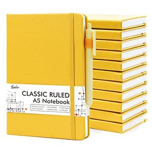 12 Pack Notebooks Journals Bulk with 12 Black Pens, Feela A5 Hardcover Notebook Classic Ruled Journal Set with Pen Holder for School Business Work Travel Writing, 120 GSM, 5.1”x8.3”, Yellow