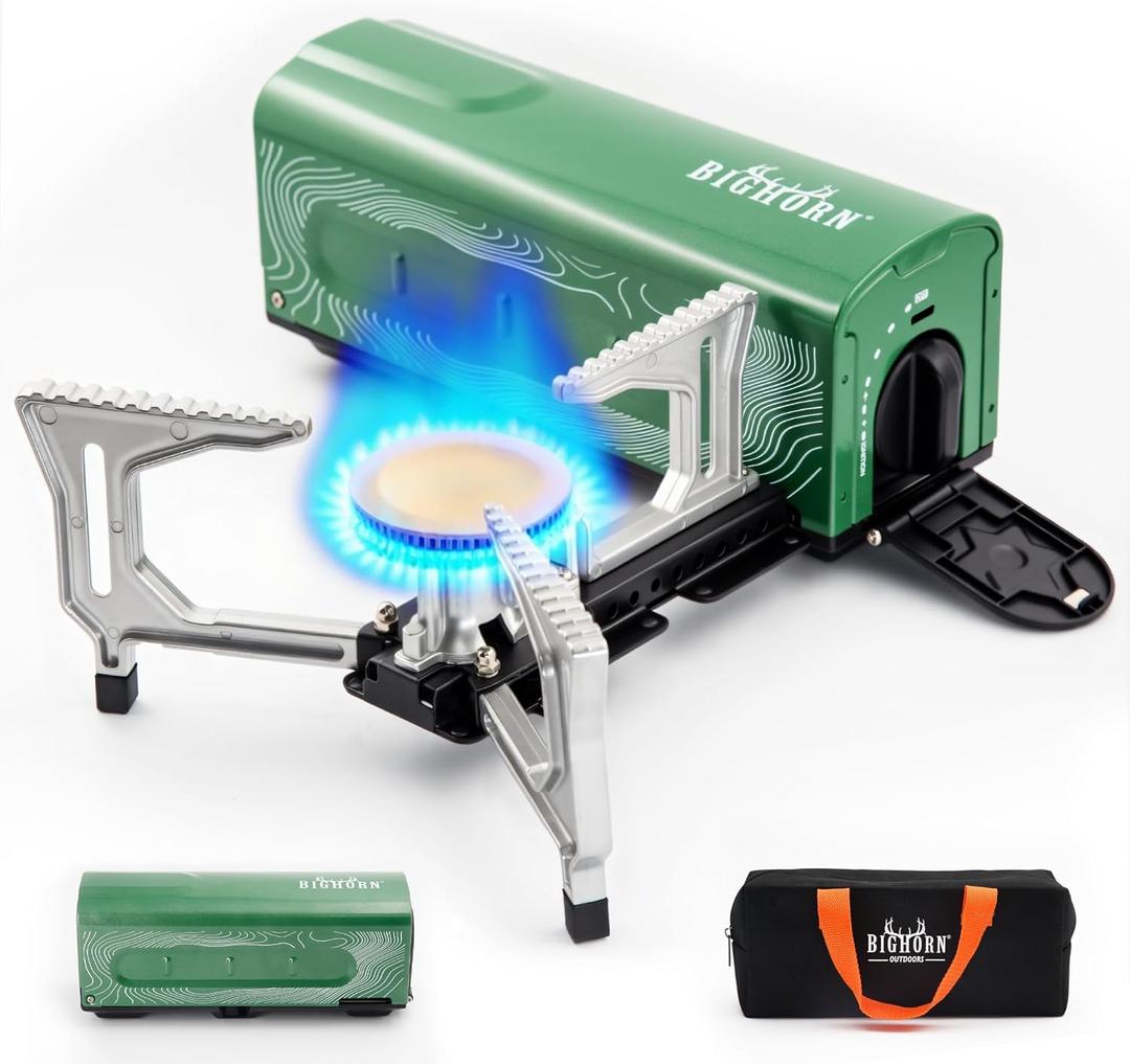 BIG HORN OUTDOORS Butane Camping Stove, Portable Folding Gas Burner with Carry Bag for Camping, Emergency Use and Outdoor Cooking (Green)