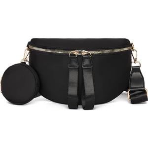 Eslcorri Crossbody Bags for Women, Small Vegan Leather Sling Bag & Fanny Pack, Trendy Crescent Bum Bag with Wide Guitar Strap, Anti-theft Chest Bag for Travel, Commuting & Shopping, Black