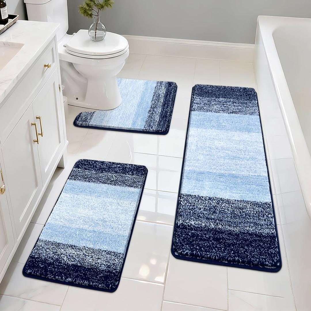 Pauwer 3-Piece Bath Mat Set, Non-Slip Plush Bathroom Mats, Absorbent Shaggy Bathroom Rug Set with U-Shaped Contour Toilet Mat, Navy Blue (18"x26" + 18"x47" + U Shape 20"x24")