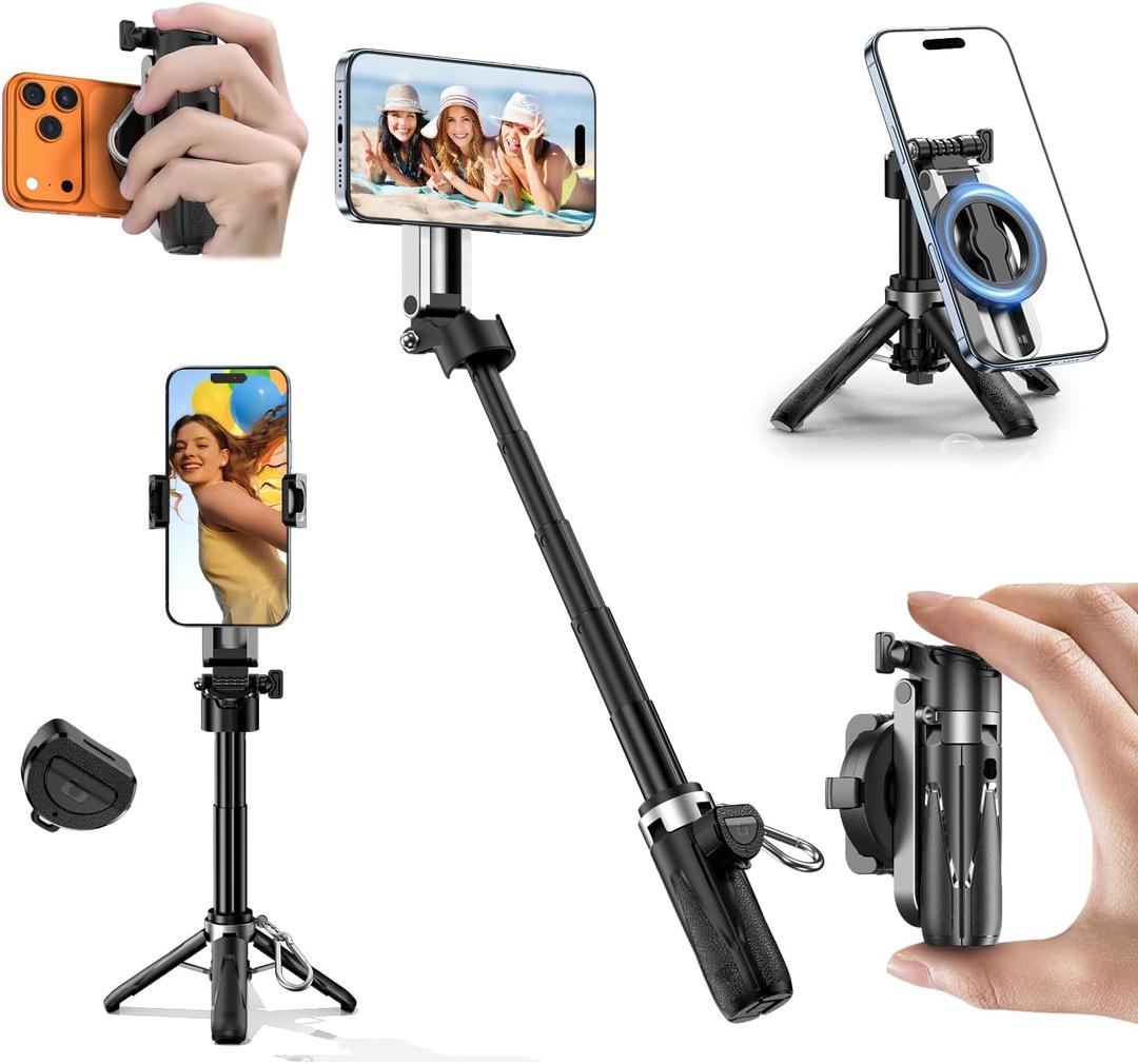 Magnetic Selfie Stick for iPhone, 4-in-1 Multifunctional Minni Pocket Tripod with 360 Rotation, Phone Handle Grip Stand, Detachable Remote/Clip for MagSafe/Androide for Photograph