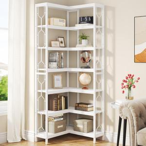 Tribesigns Corner Shelf, 7-Tier Industrial Corner Bookshelf, Wood and Metal Corner Etagere Bookcase, Freestanding Display Shelf for Living Room, Kitchen, Home Office, White, 23.6in x 23.6 7in x 8.74in