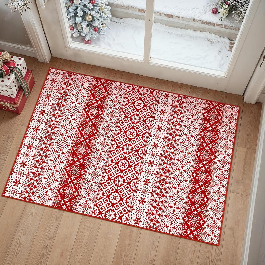 Christmas Area Rug 2x3 Red Snowflake Holiday Decorative Doormat Entryway Kitchen Washable Non Slip Soft Low Pile Small Carpet for Living Room Bedroom Entrance Dining Room Bathroom