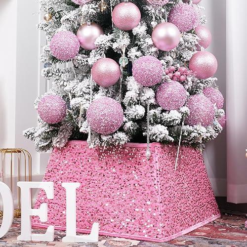 Christmas Tree Collar with Sparkling Sequins 24 Inch Tree Skirt for Holiday Home Decor (Rose Pink, Medium)