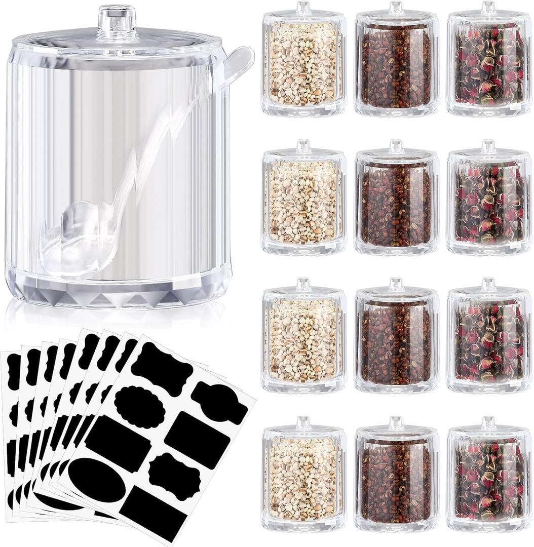 Tioncy 12 Pcs Ice Cream Bar Supplies Sugar Bowls with Lid and Spoon Acrylic Candy Dispenser Party Bar Hot Cocoa Sundae Caramel Apple Dipping Container with Tag (8 oz,Clear)