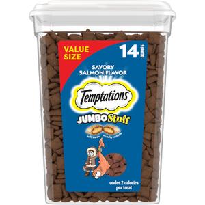 Temptations Jumbo Stuffed Cat Treats, Crunchy and Soft Cat Treats, Savory Salmon Flavor, 14 oz. Tub, Best By: 03/2026