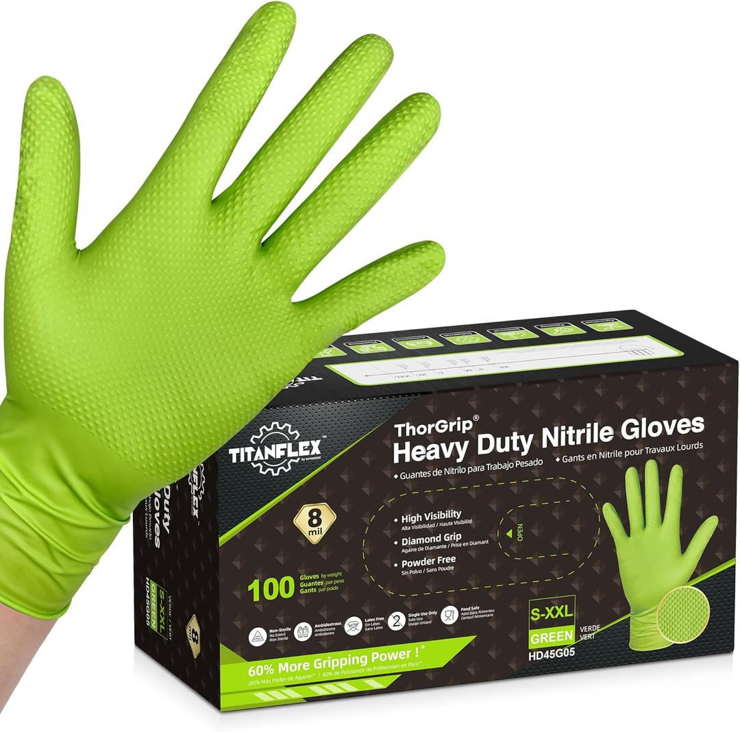 TitanFlex Thor Grip Heavy Duty Green Industrial Nitrile Gloves with Raised Diamond Texture, 8-mil, Latex Free, Powder Free (Large (Pack of 100))