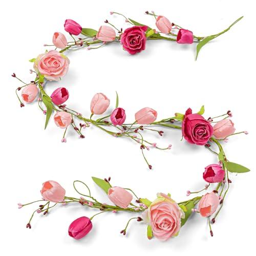 5 FT Valentines Day Decorations Romantic Valentine Flower Garland Rose Valentines Floral Garland Red Pink Tulip Vine for Mantle Arch Stairs Railing Table Centerpiece Wedding Hanging Decorations